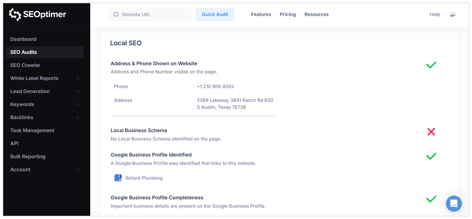 Local SEO section in SEOptimer report